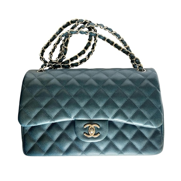 CHANEL Large Classic Double Flap CAVIAR Leather • DENIM Color • Silver-Tone HW - Picture 15 of 15